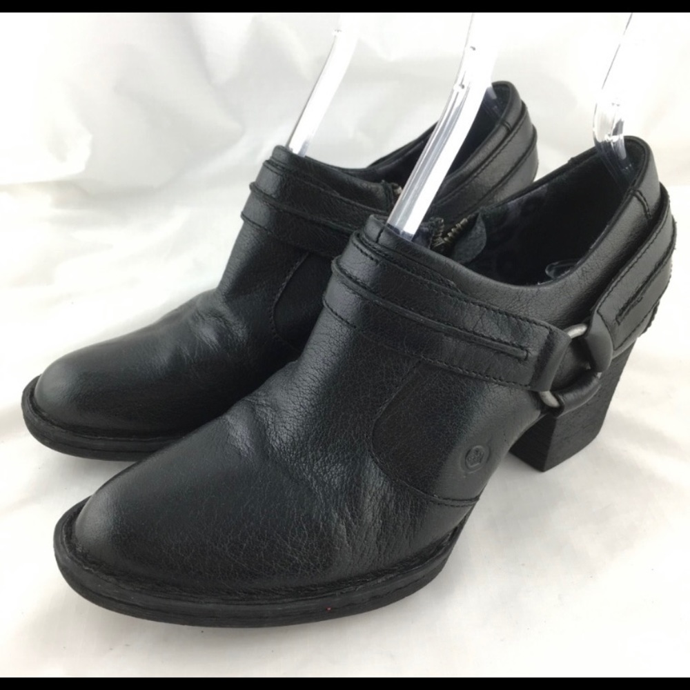 Ankle booties black leather block heel short boots